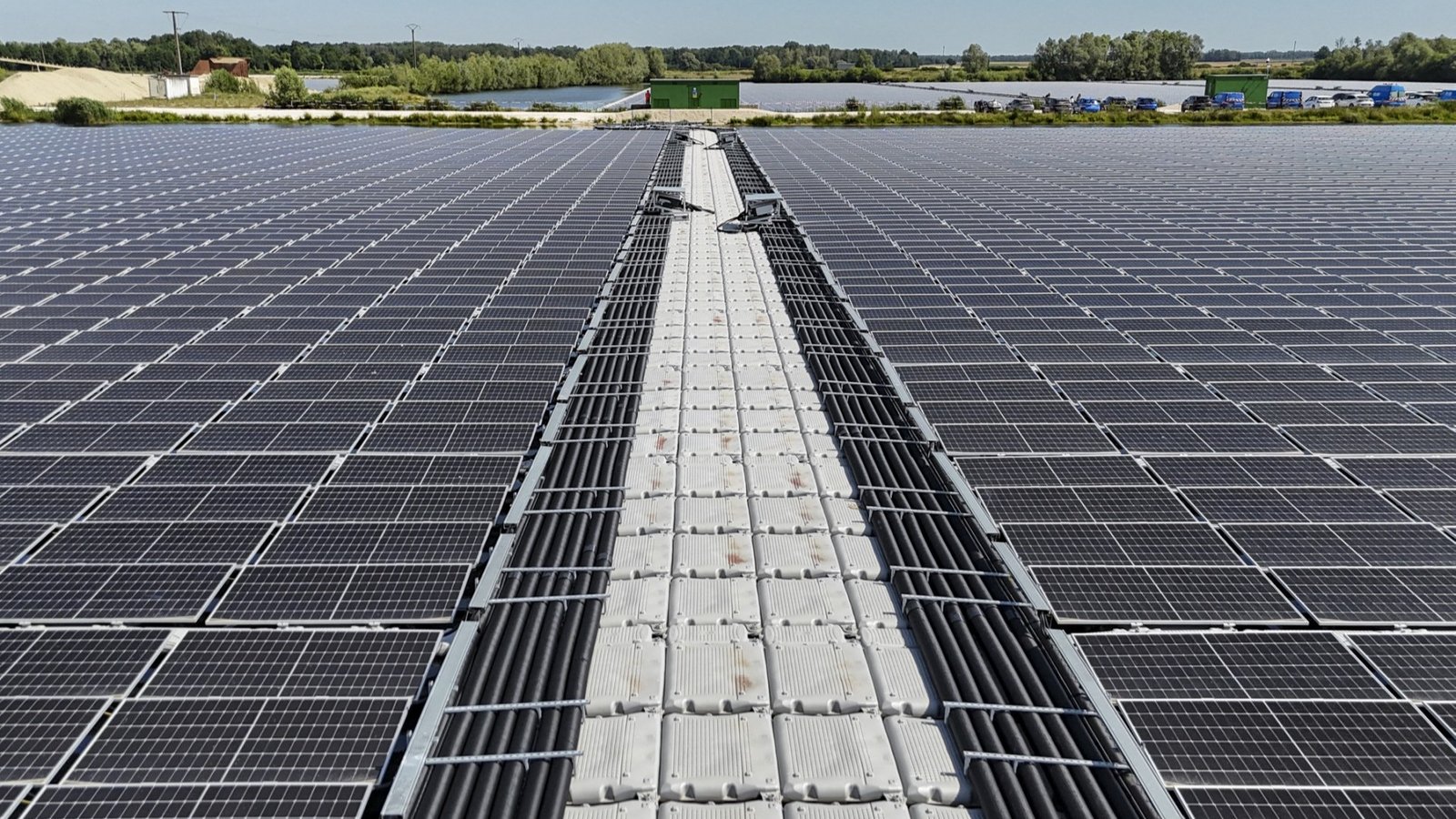 Solar panels displayed at Europe’s largest floating solar power farm (Les Ilots Blandin) belonging to Q Energy in Perthes, north-eastern France on June 20, 2025.