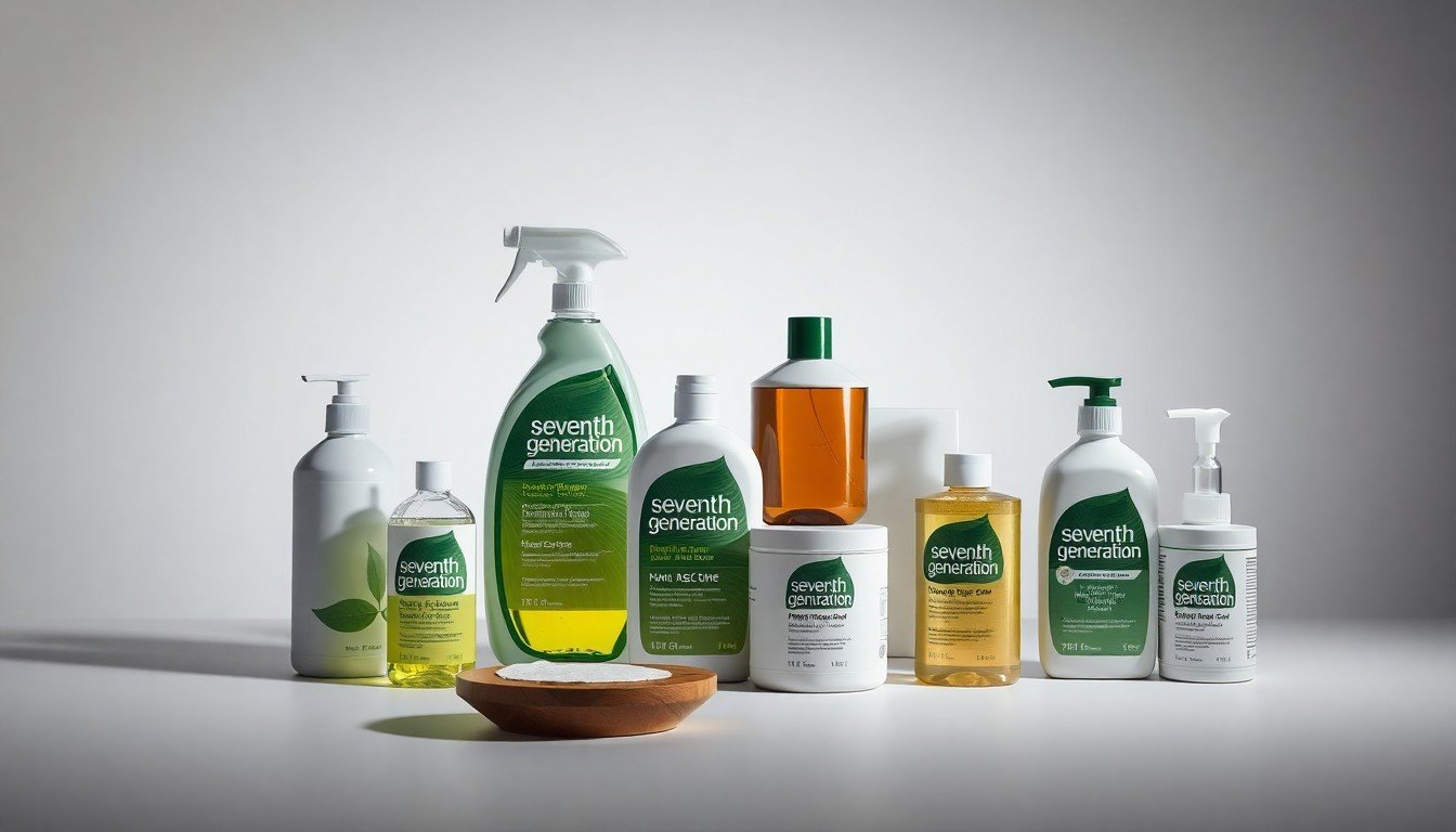 A high-end, photorealistic studio still life featuring a collection of Seventh Generation cleaning and personal care products arranged elegantly on a clean, monochromatic background, using dramatic lighting and shadows to symbolize the company