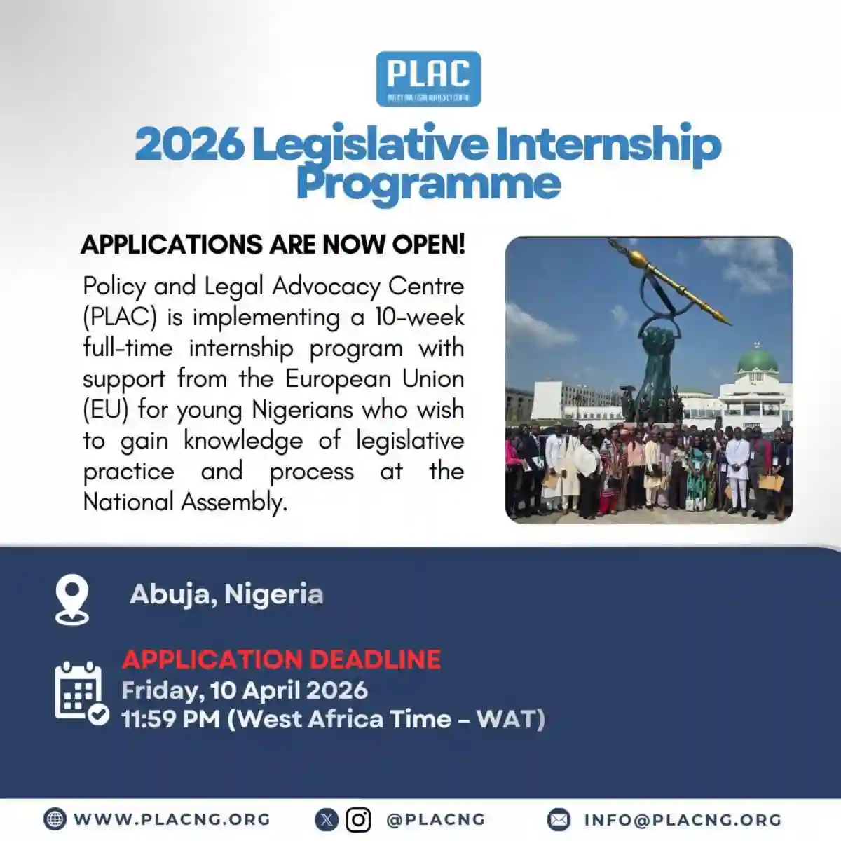 PLAC 2026 Legislative Internship Opens for Nigerian Graduates (May–July Programme)