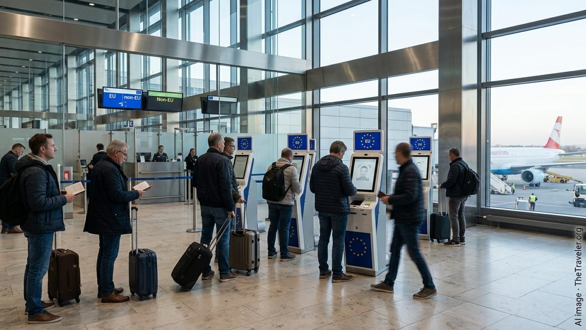 Travellers at Vienna airport using EU border kiosks for biometric entry checks.