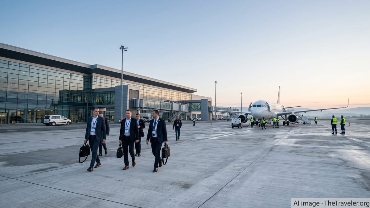 Delegates walk across the apron at Cluj Avram Iancu International Airport at sunrise during an aviation conference.