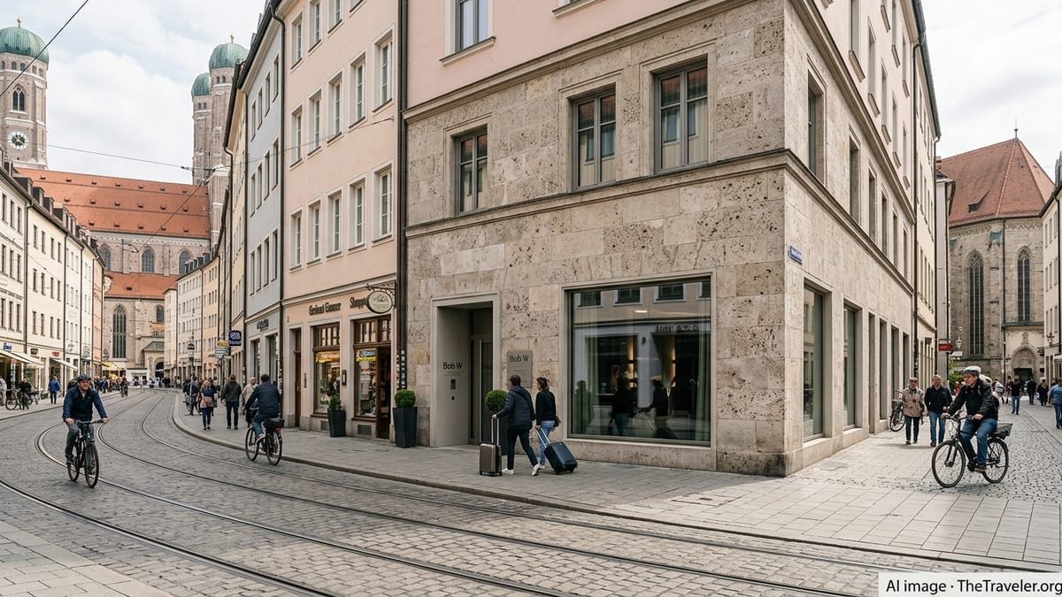 Street scene in Munich Old Town with a corner serviced-apartment building and pedestrians passing by.