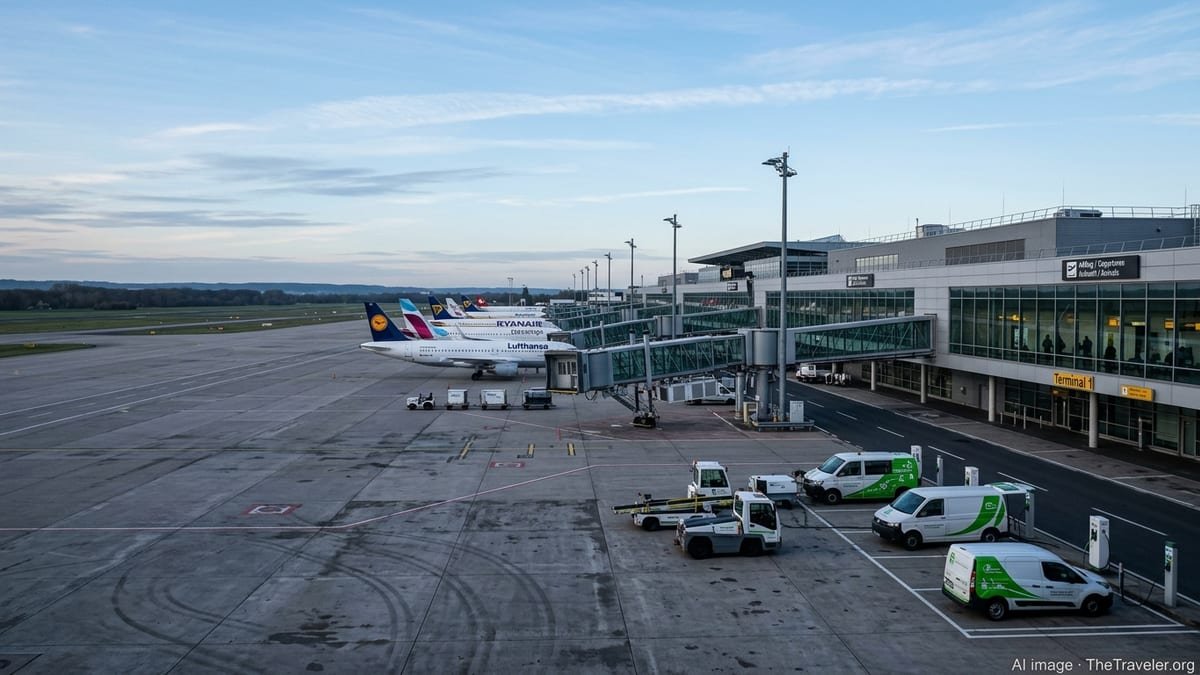 Wide view of aircraft and electric ground vehicles at Cologne Bonn Airport apron at dawn.