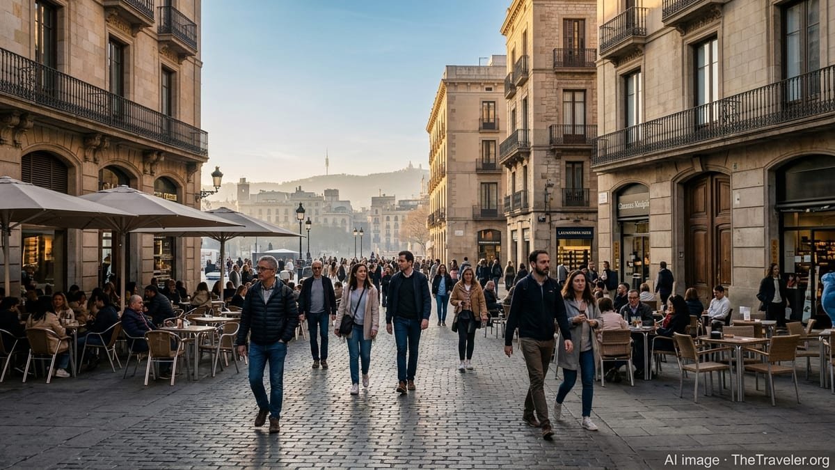 Busy Spanish plaza at golden hour with tourists, cafes and historic buildings.