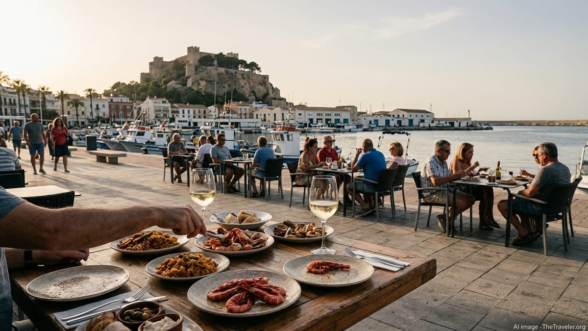 Dénia’s harborfront terraces at golden hour with people sharing seafood and views of the castle above the Mediterranean.