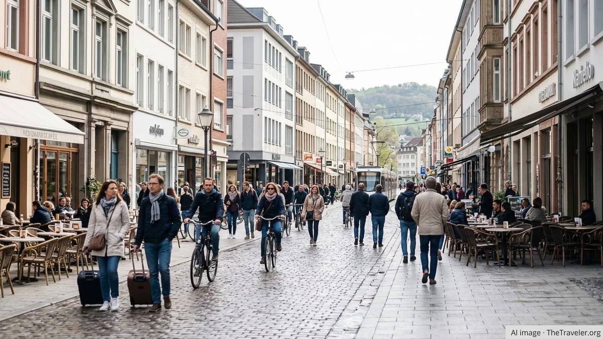 Travelers and locals share a busy European street with cafés and trams in early spring.