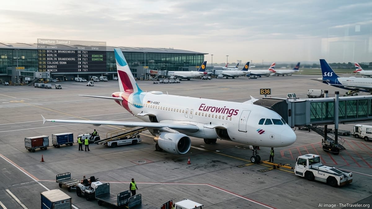 Eurowings Airbus parked at a London Heathrow Terminal 2 gate on a clear spring morning.