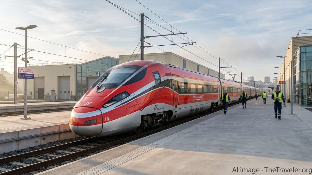 Frecciarossa high-speed train at a modern French maintenance depot at sunrise.