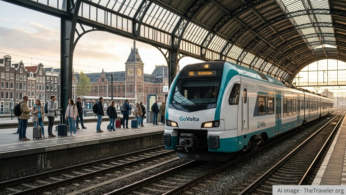 Modern low-cost intercity train at Amsterdam Centraal platform with travelers boarding at dawn.