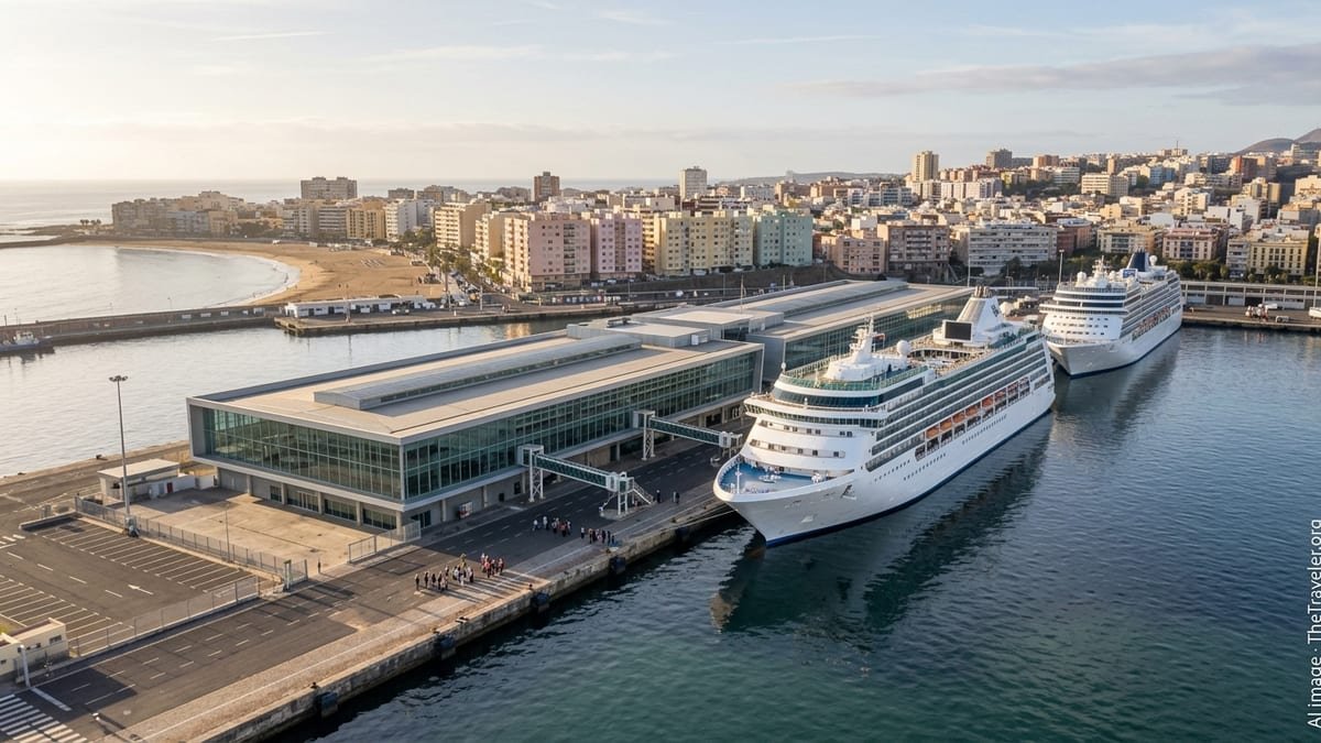 Aerial view of the new Las Palmas cruise terminal in Gran Canaria with large ships docked and the city in the background.