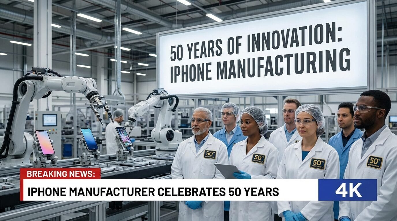A group of lab workers stands by an assembly line with iPhones, under a sign reading 50 Years of Innovation: iPhone Manufacturing.