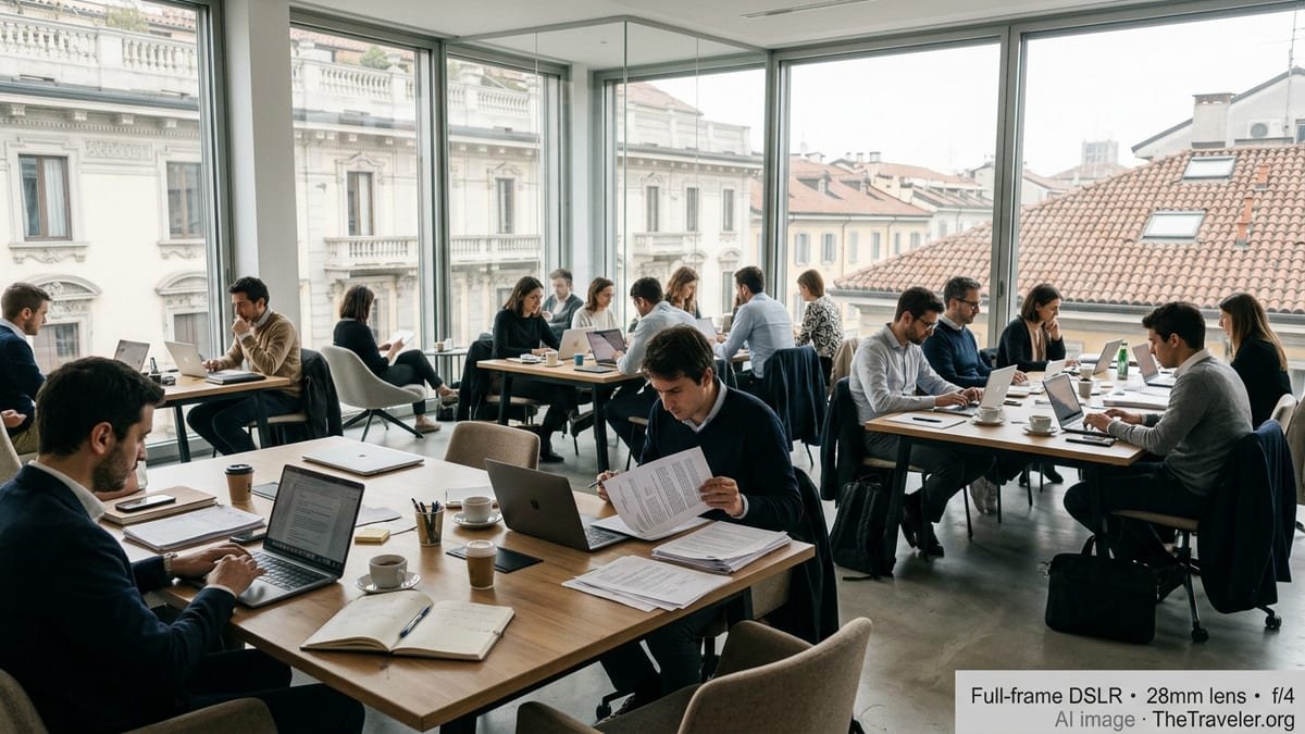 Freelancers working in an Italian coworking space with visa documents on a table.