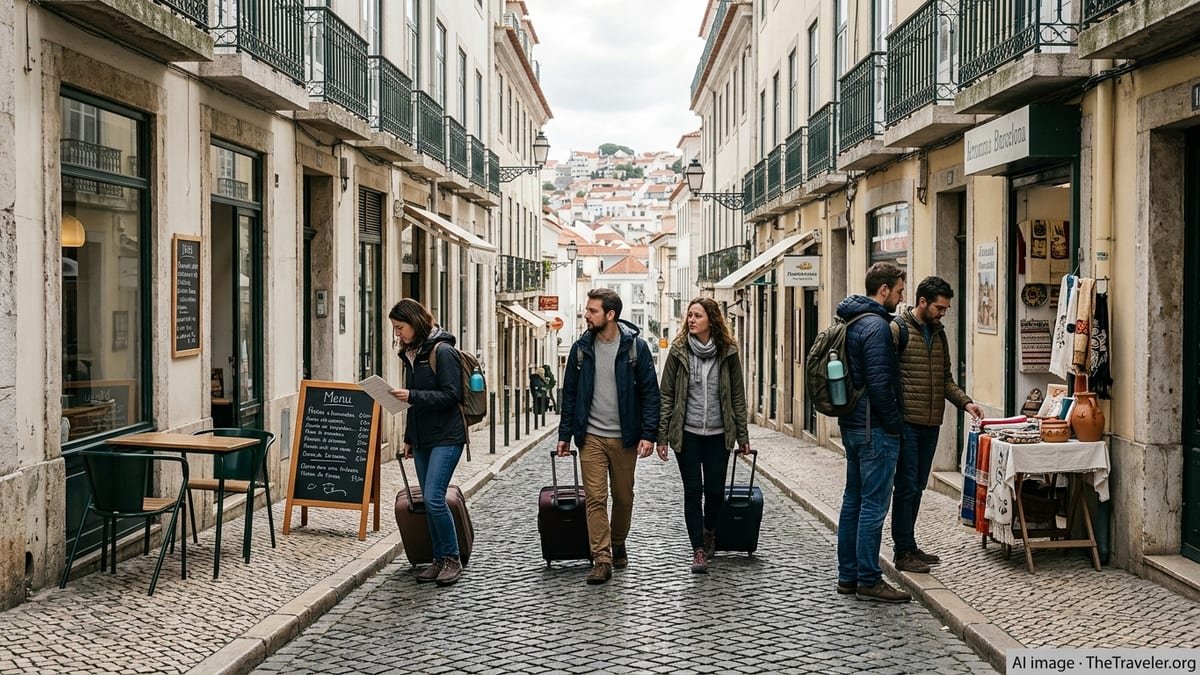 Long-haul tourists walk slowly through a historic European street lined with small local shops.