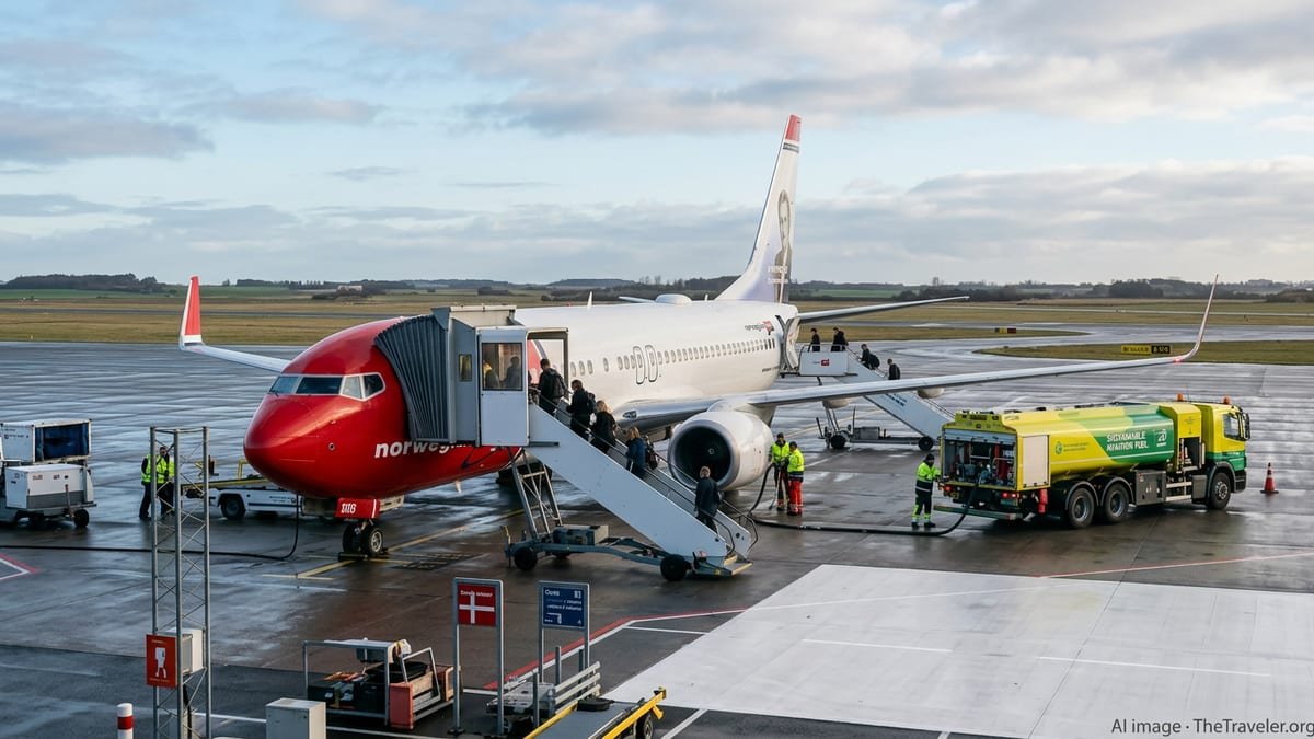 Norwegian jet on the apron at Aalborg Airport being refueled for a SAF-powered flight to Copenhagen.