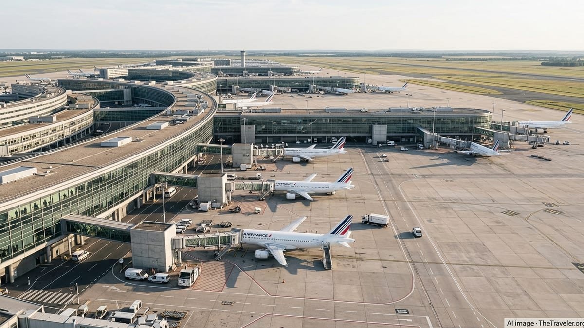 Aerial view of Paris Charles de Gaulle Airport terminals with aircraft at the gates on a bright day.
