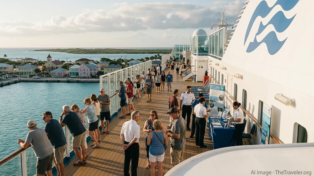 Passengers on a Princess Cruises ship deck overlooking a sunlit Caribbean port town.