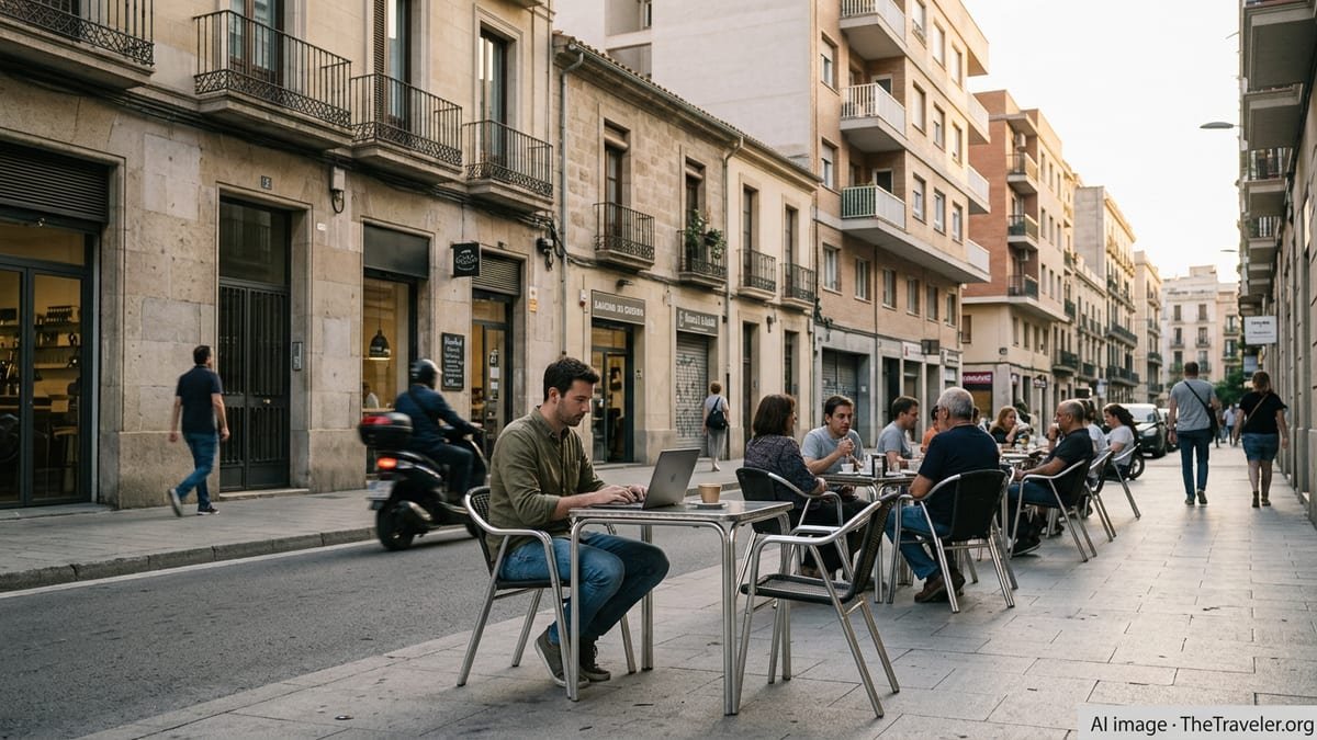 Remote worker with laptop at outdoor café in a Spanish city street, surrounded by typical apartment buildings.