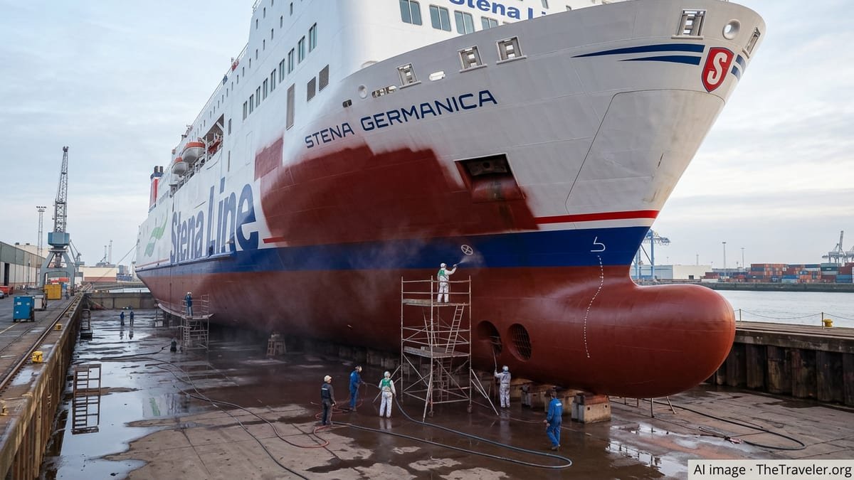 Workers apply advanced hull coating to a Stena Line ferry in a Belgian dry dock.