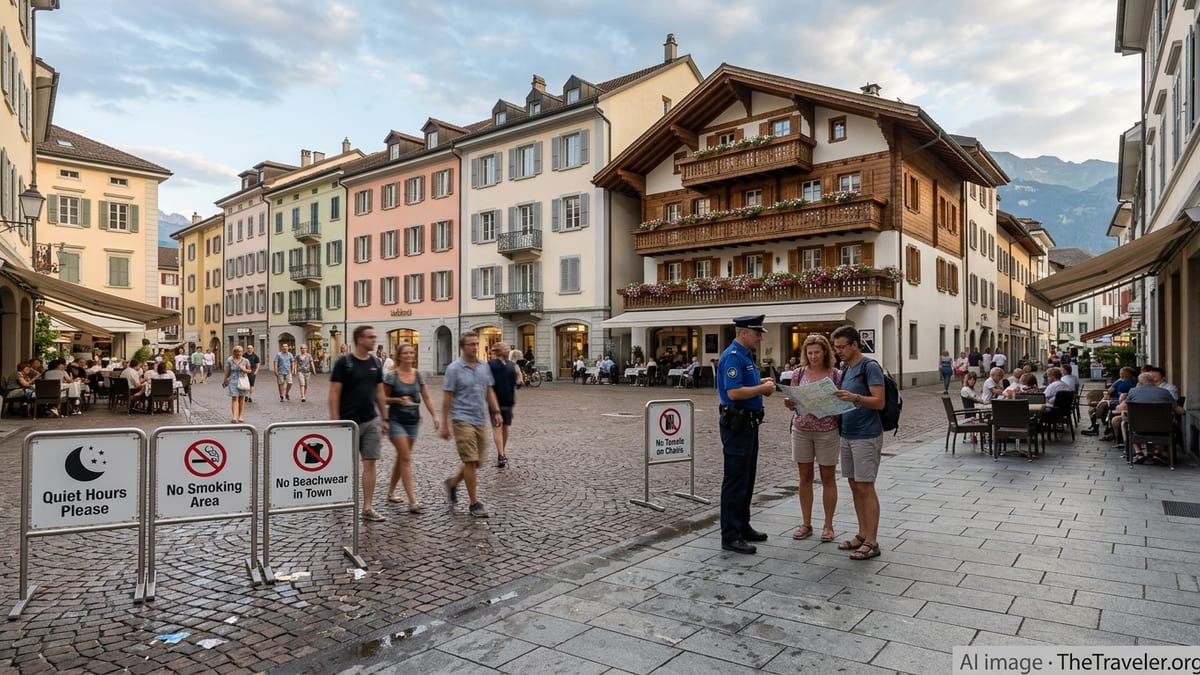 Tourists walk along a Swiss lakeside promenade near historic buildings and signage about local visitor rules.