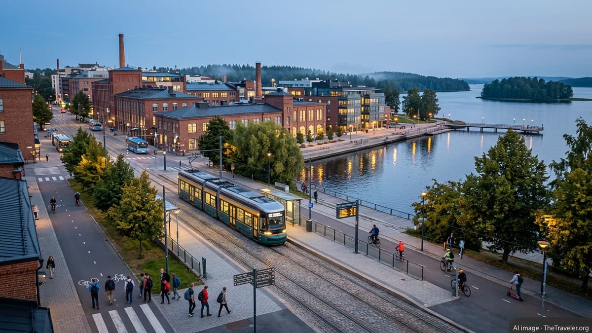 Evening view of Tampere light rail, lakeside buildings and pedestrians in a smart, walkable cityscape.