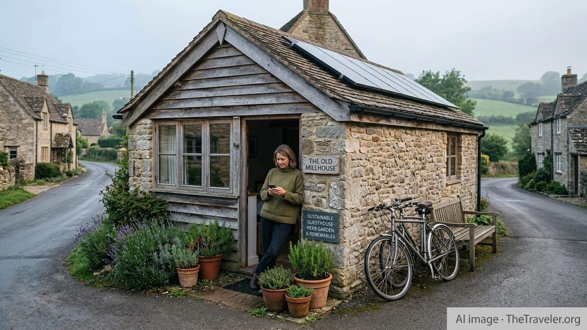 Guesthouse owner in a rural European village enters sustainability data on a smartphone outside the property.