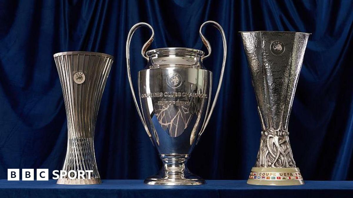 A group photo of the trophies for the Uefa Conference League, Uefa Champions League and Uefa Europa League