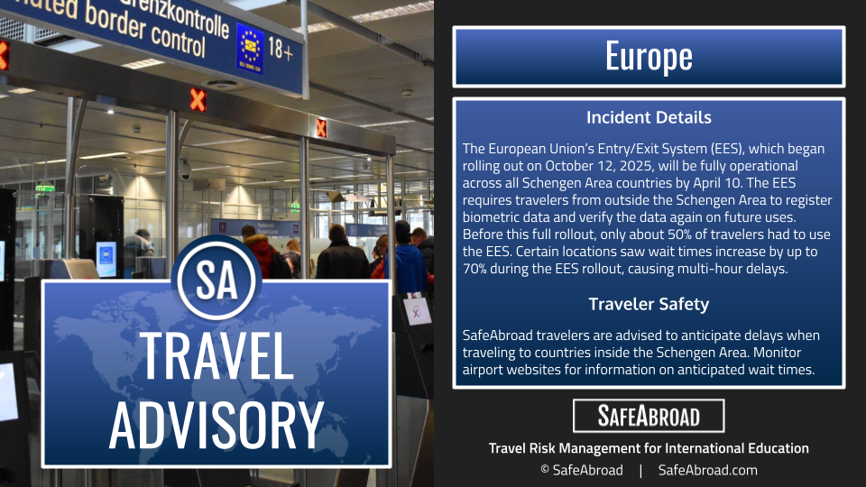 The European Union's Entry/Exit System rollout will complete by April 10, likely causing travel delays across Europe.