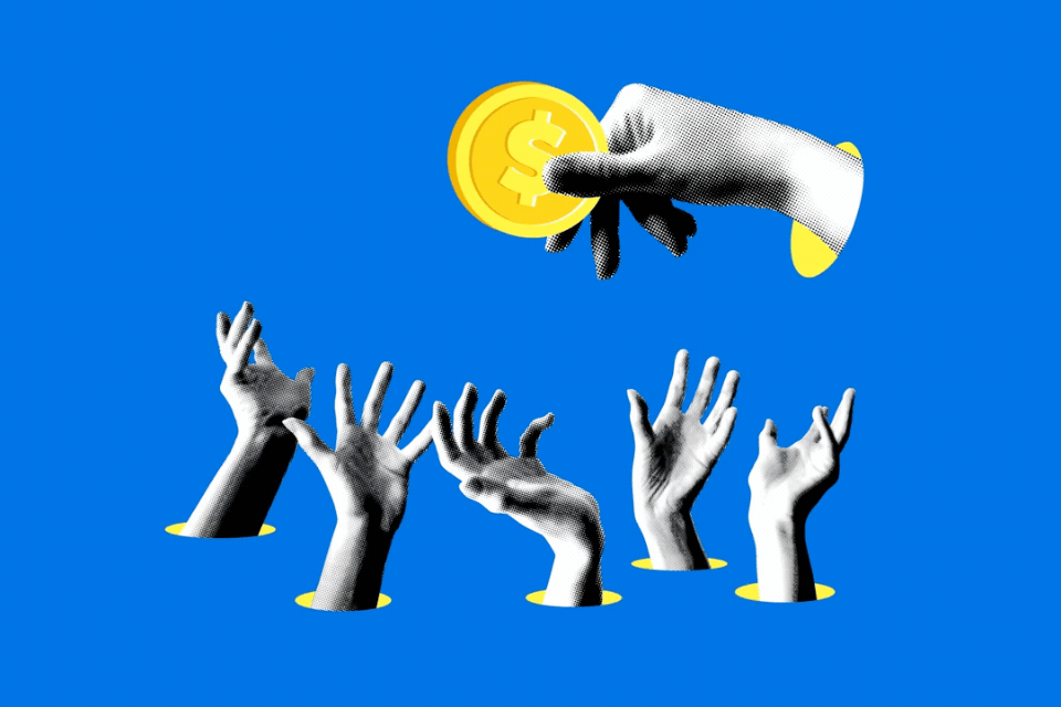 Large halftone hand holding money in front of a crowd of poor people. Concept of poverty, power and people management. Low wages in third world countries. Cash bribe. Collage animation