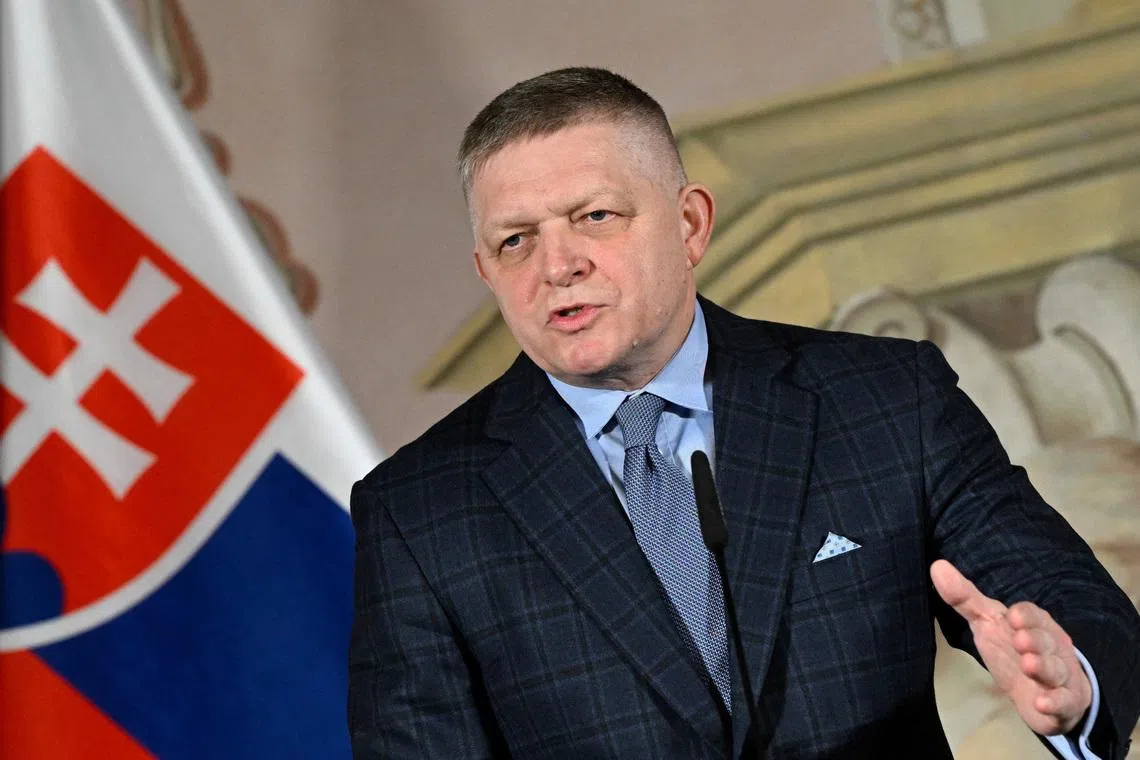 FILE PHOTO: Slovakia's Prime Minister Robert Fico speaks during a press conference with Czech Prime Minister Andrej Babis, on the day of a joint meeting of the governments of the Czech Republic and Slovakia at Nova Horka Castle in Studenka, Czech Republic, March 31, 2026. REUTERS/Radovan Stoklasa/File Photo