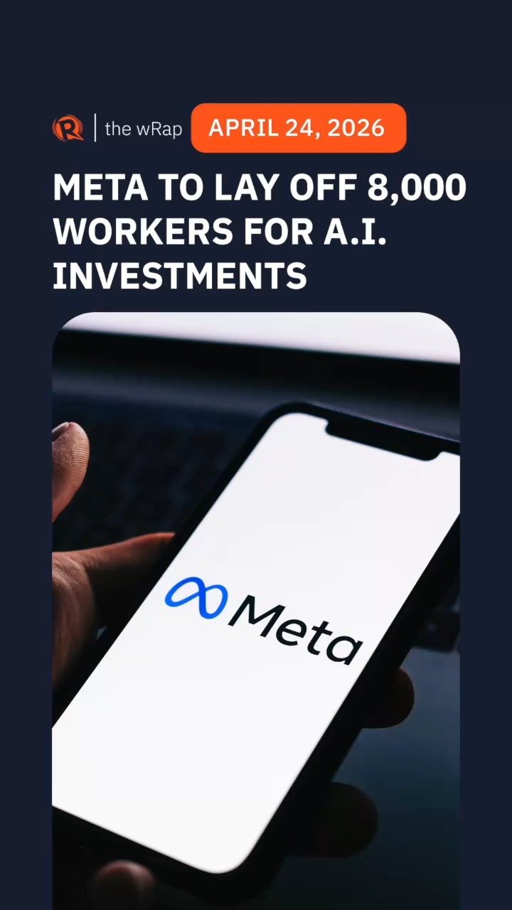 Meta to lay off 8,000 workers to offset AI spending, improve efficiency Meta Platforms is set to lay off 8,000 workers or about 10% of the entire company by May 20 to offset their AI investments. It released the internal memo on Thursday, April 23, and a company spokesperson confirmed the lay-offs. Full story: https://www.rappler.com/technology/meta-layoffs-offset-ai-spending-improve-efficiency-may-2026/