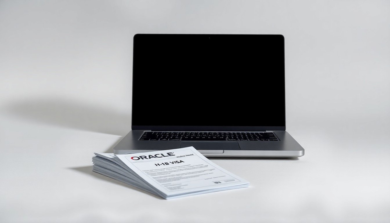 A high-end, photorealistic studio still-life photograph featuring a stack of H-1B visa application forms and a laptop computer on a clean, monochromatic background, conceptually representing the abstract corporate strategy behind Oracle