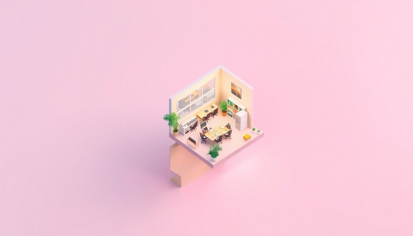 An isometric 3D illustration depicting a stylized startup office or coworking space, with geometric furniture, potted plants, and other abstract elements floating in a pastel-colored environment, conveying the energy and community of Maine