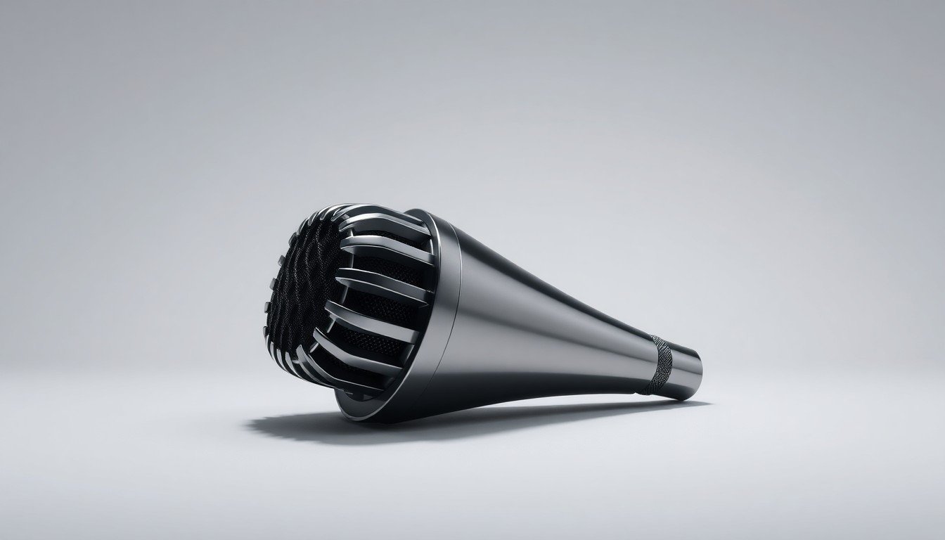 A high-end, photorealistic studio still-life photograph featuring a polished, geometric metal sculpture in the shape of a microphone or audio speaker, resting on a clean, monochromatic background and dramatically lit to represent the premium design and technology of audio products created by Santa Barbara entrepreneurs.