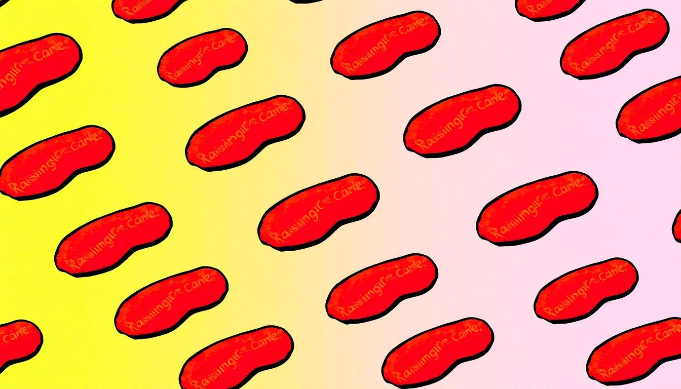 A bold, colorful silkscreen-style illustration featuring a single Raising Cane