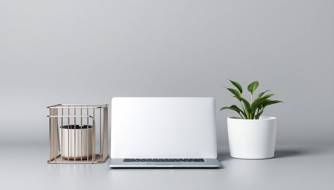 A high-end, photorealistic studio still-life photograph featuring a polished metal desk organizer, a sleek laptop, and a single potted plant against a clean, monochromatic grey background, conceptually representing the challenges of scaling a startup and the need for resilience in the face of changing market conditions.