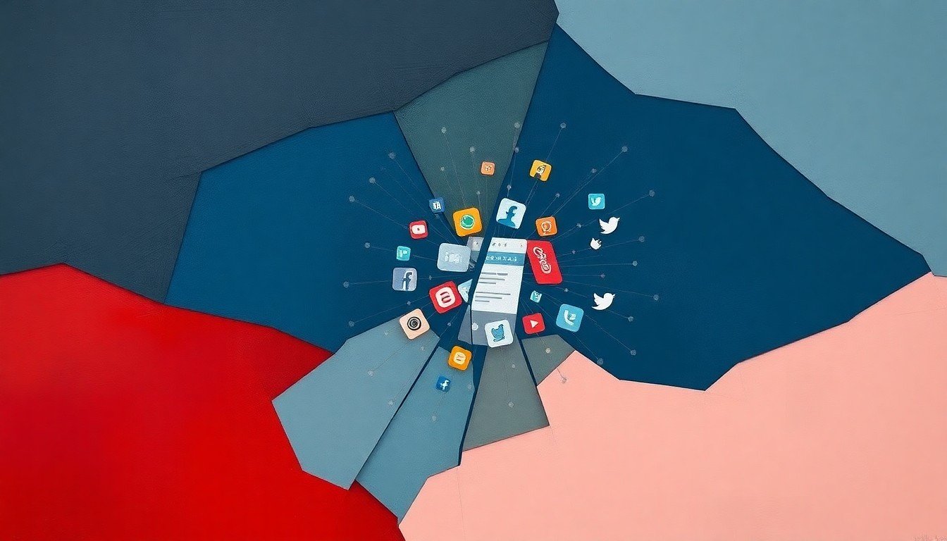 A highly textured, fragmented painting in shades of blue, gray, and red, depicting a stylized social media interface with distorted icons and symbols, conveying the conceptual clash between digital expression and content control.
