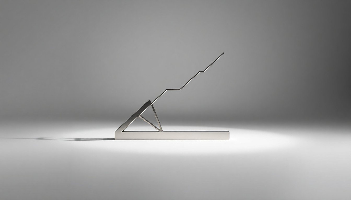 A sleek, metallic sculpture in the shape of an upward-trending line, floating against a plain white background and illuminated by dramatic studio lighting, symbolizing the complex dynamics between a startup founder and their employees.