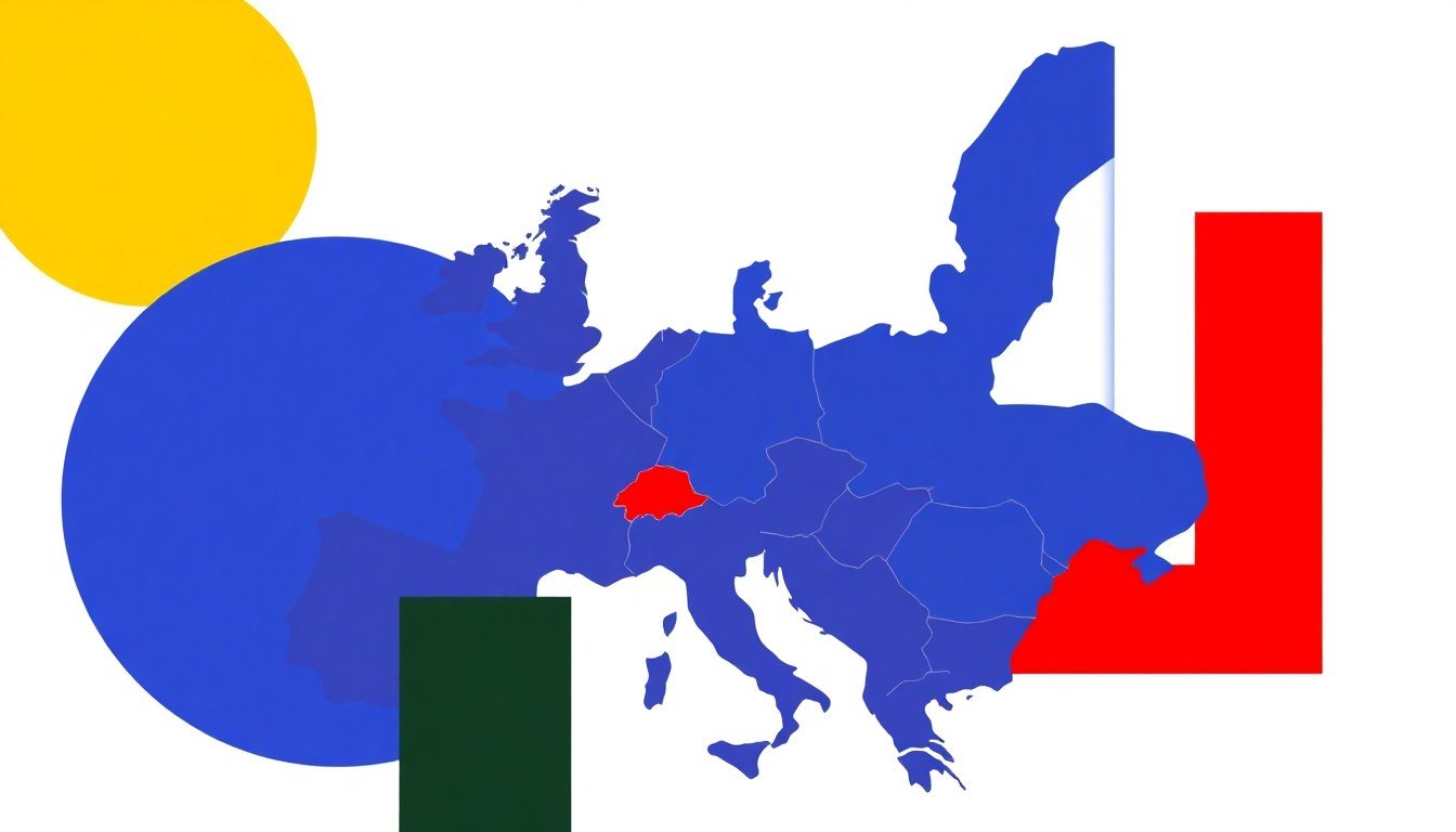 A geometric abstract illustration featuring bold primary-colored shapes and clean lines, conceptually representing Europe