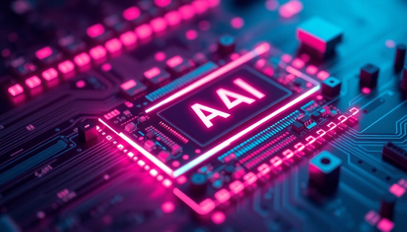 A highly detailed, glowing 3D illustration of a futuristic AI chip or circuit board, with neon cyan and magenta lights illuminating the intricate hardware components, conceptually representing the disruption of advanced technology by geopolitical forces.