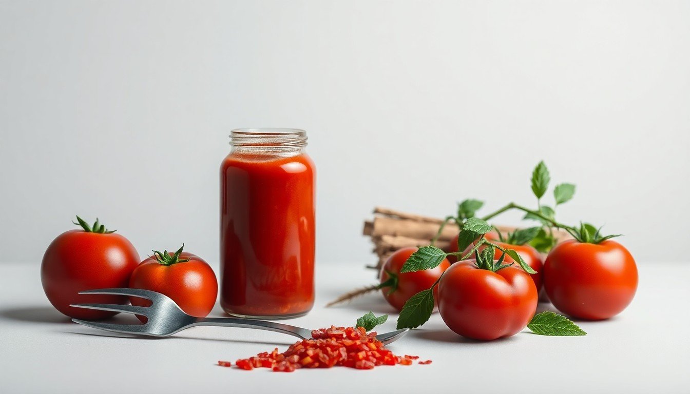 A high-end, photorealistic studio still-life photograph featuring a carefully arranged composition of premium, polished objects representing the tomato value chain, such as a glass jar of tomato paste, a freshly harvested tomato, and a set of farming tools, set against a clean, monochromatic background with dramatic studio lighting and deep shadows, conceptually illustrating the startup