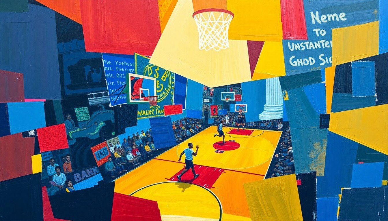 A cubist-style painting depicting a basketball game broken down into overlapping geometric shapes and planes, using vibrant colors of blue, red, and yellow to capture the dynamic energy of the sport.