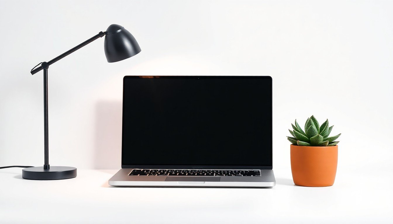 A minimalist, high-end studio still life photograph featuring a sleek laptop computer, a modern desk lamp, and a potted succulent plant, symbolizing the abstract concepts of entrepreneurship, technology, and innovation.