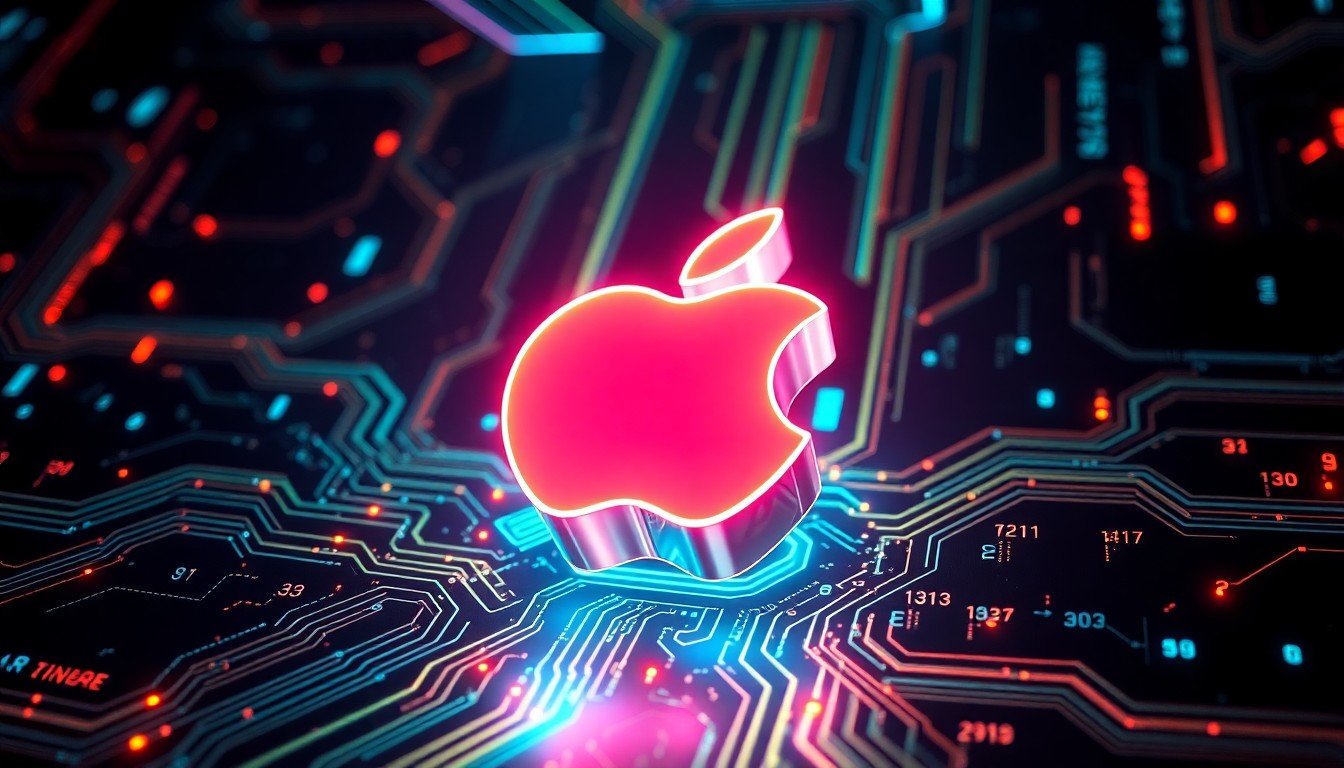 A highly detailed, glowing 3D macro illustration of a futuristic, neon-lit Apple logo floating in a dark, cyberpunk-inspired environment, surrounded by pulsing, luminous circuits and data streams, conceptually representing Apple