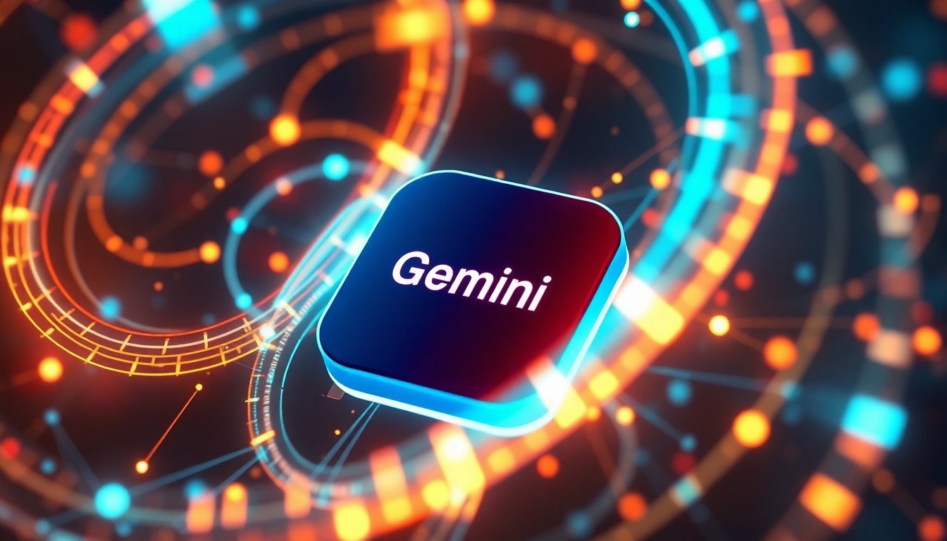 A highly detailed, glowing 3D illustration of a Gemini app icon surrounded by swirling data streams and neon-lit digital infrastructure, representing the integration of personal data and AI-powered recommendations.