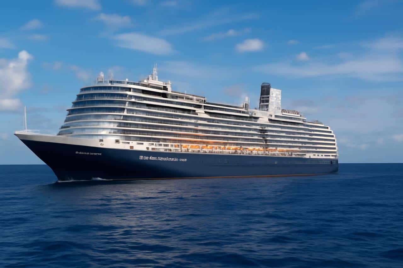 Luxury cruise ship with modern design sailing on open sea.