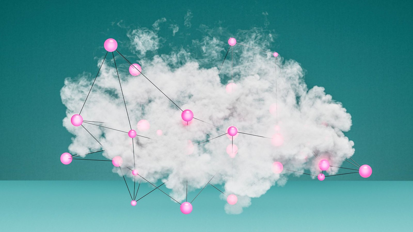 Cloud computing concept image showing a cloud with interconnected pink-colored data points.