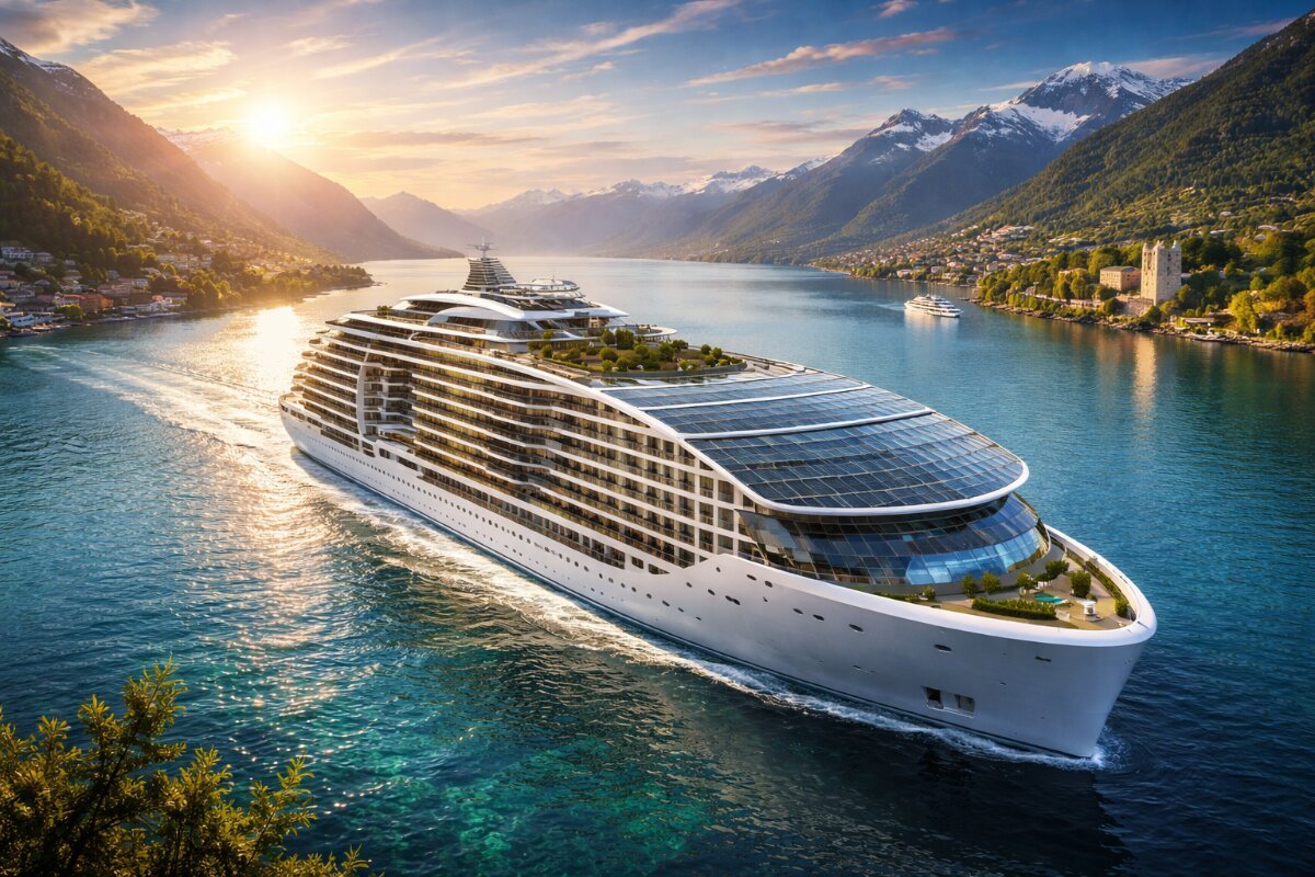 Electric cruise ship navigating scenic fjord with mountains and sunset.