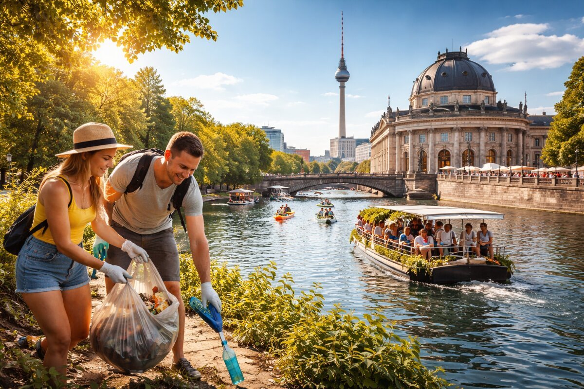 Tourists participating in eco-friendly cleanup along berlin river with cityscape.
