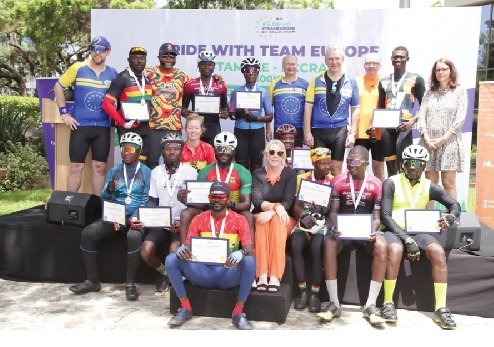 EU Ambassador Rune Skinnebach (fourth right) and Yaw Ampofo Ankrah (third left) join invited diplomats and members of the Gladiators Cycling Club for a group photo at the end of the competition