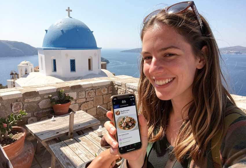 Beautiful woman enjoying greek cuisine with a scenic island view.